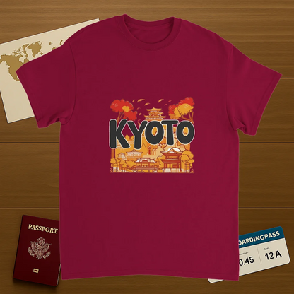 cardinal red Kyoto Japan Unisex Travel T-Shirt on wooden background with world map, passport, and boarding pass