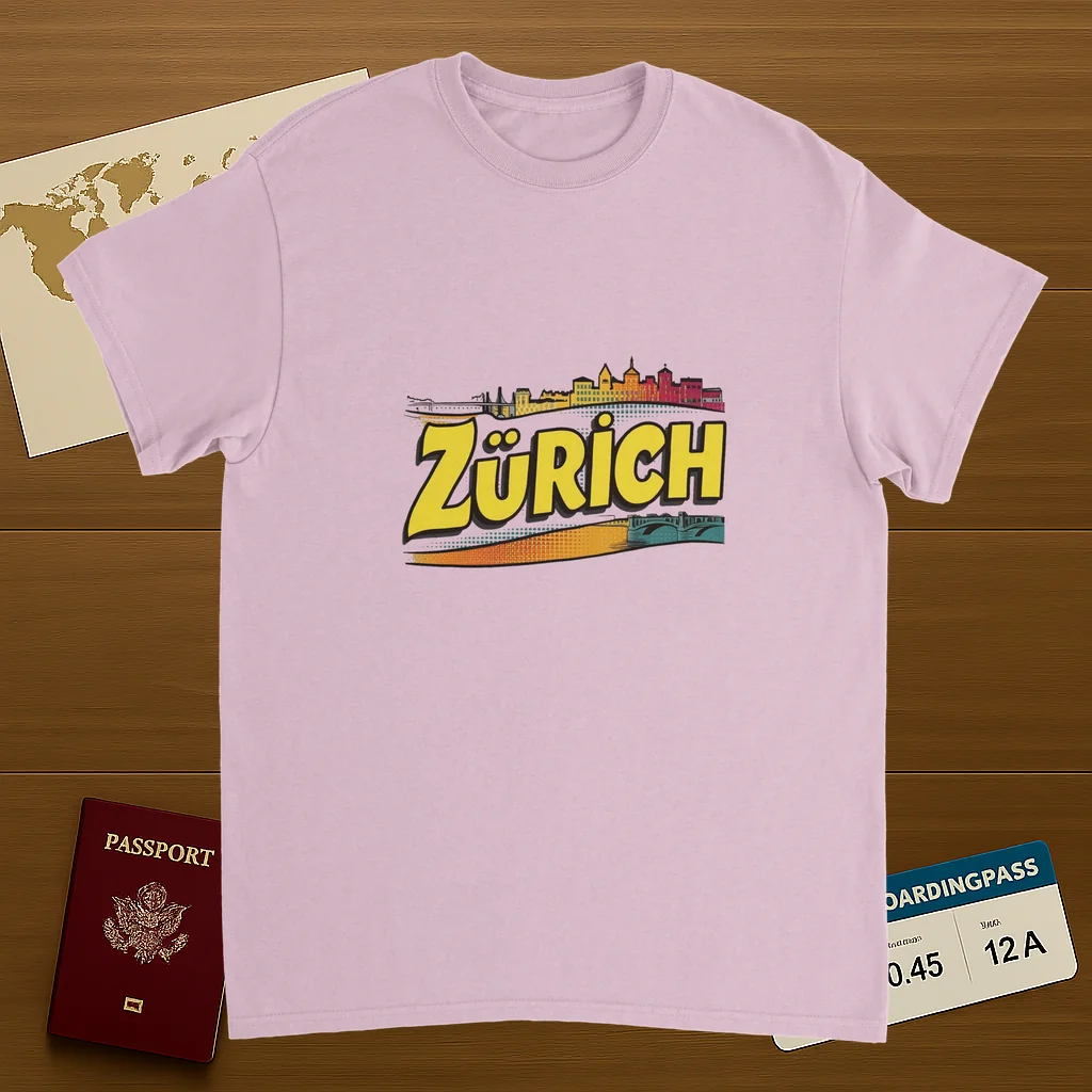 light pink Zurich Switzerland Unisex Travel T-Shirt on wooden background with world map, passport, and boarding pass