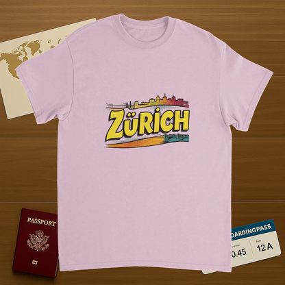 light pink Zurich Switzerland Unisex Travel T-Shirt on wooden background with world map, passport, and boarding pass