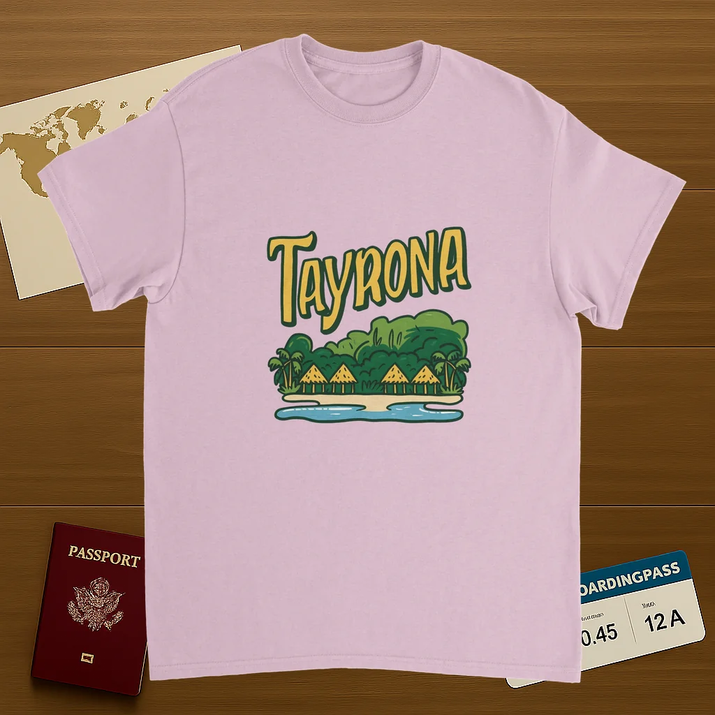 light pink Tayrona Colombia Unisex Travel T-Shirt on wooden background with world map, passport, and boarding pass