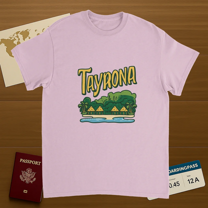 light pink Tayrona Colombia Unisex Travel T-Shirt on wooden background with world map, passport, and boarding pass