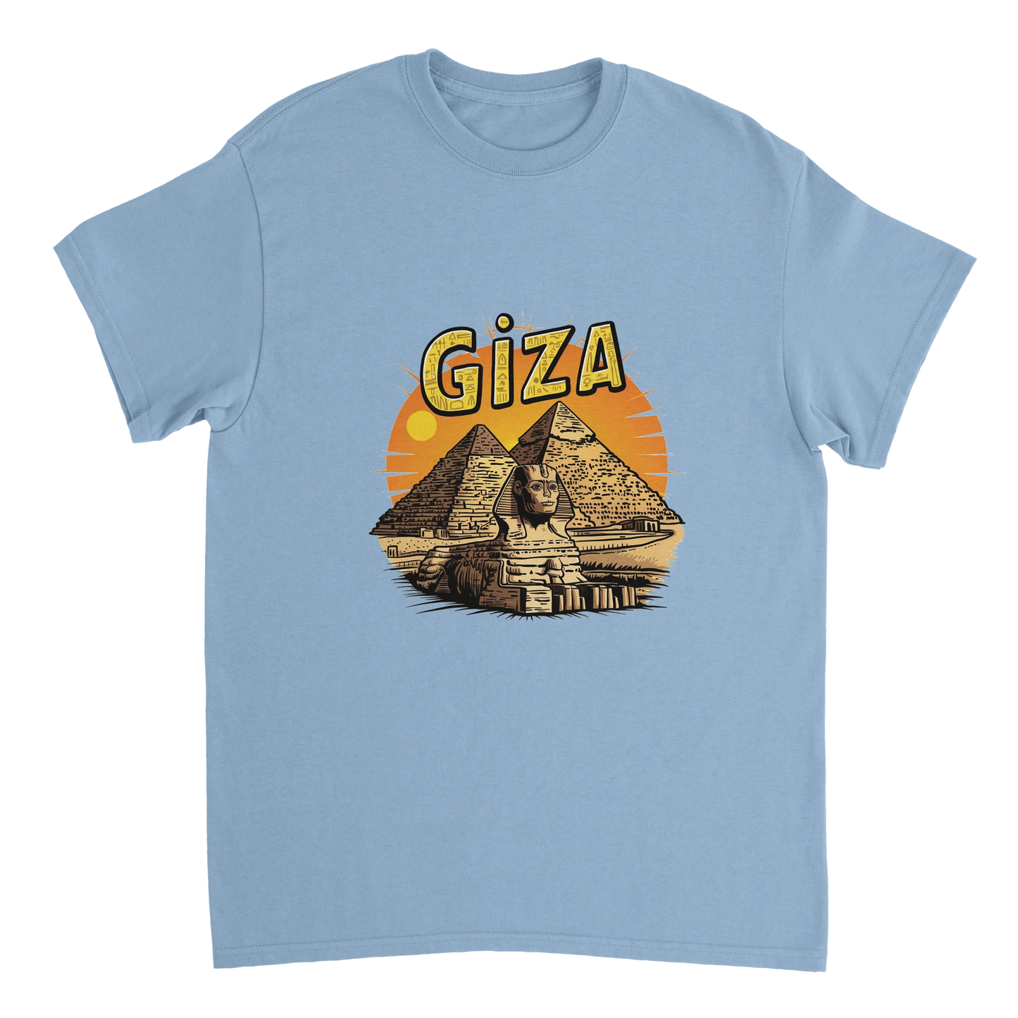 light blue Giza Egypt Unisex Travel T-Shirt on wooden background with world map, passport, and boarding pass