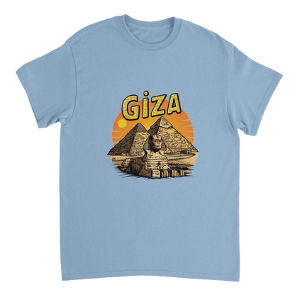 light blue Giza Egypt Unisex Travel T-Shirt on wooden background with world map, passport, and boarding pass