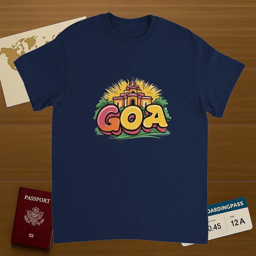 navy Goa India Unisex Travel T-Shirt on wooden background with world map, passport, and boarding pass