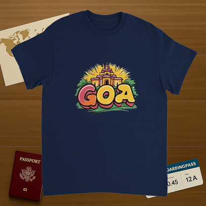 navy Goa India Unisex Travel T-Shirt on wooden background with world map, passport, and boarding pass