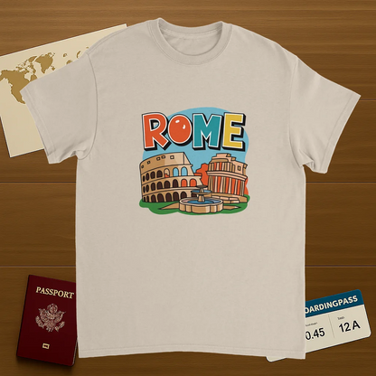 Rome Italy Unisex Travel T-Shirt on wooden background with world map, passport, and boarding pass