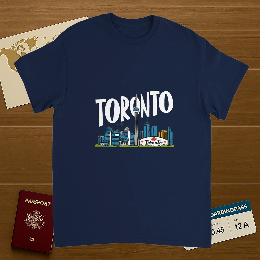 navy Toronto Canada Unisex Travel T-Shirt on wooden background with world map, passport, and boarding pass