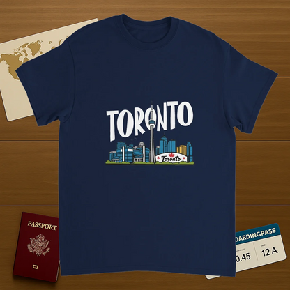 navy Toronto Canada Unisex Travel T-Shirt on wooden background with world map, passport, and boarding pass