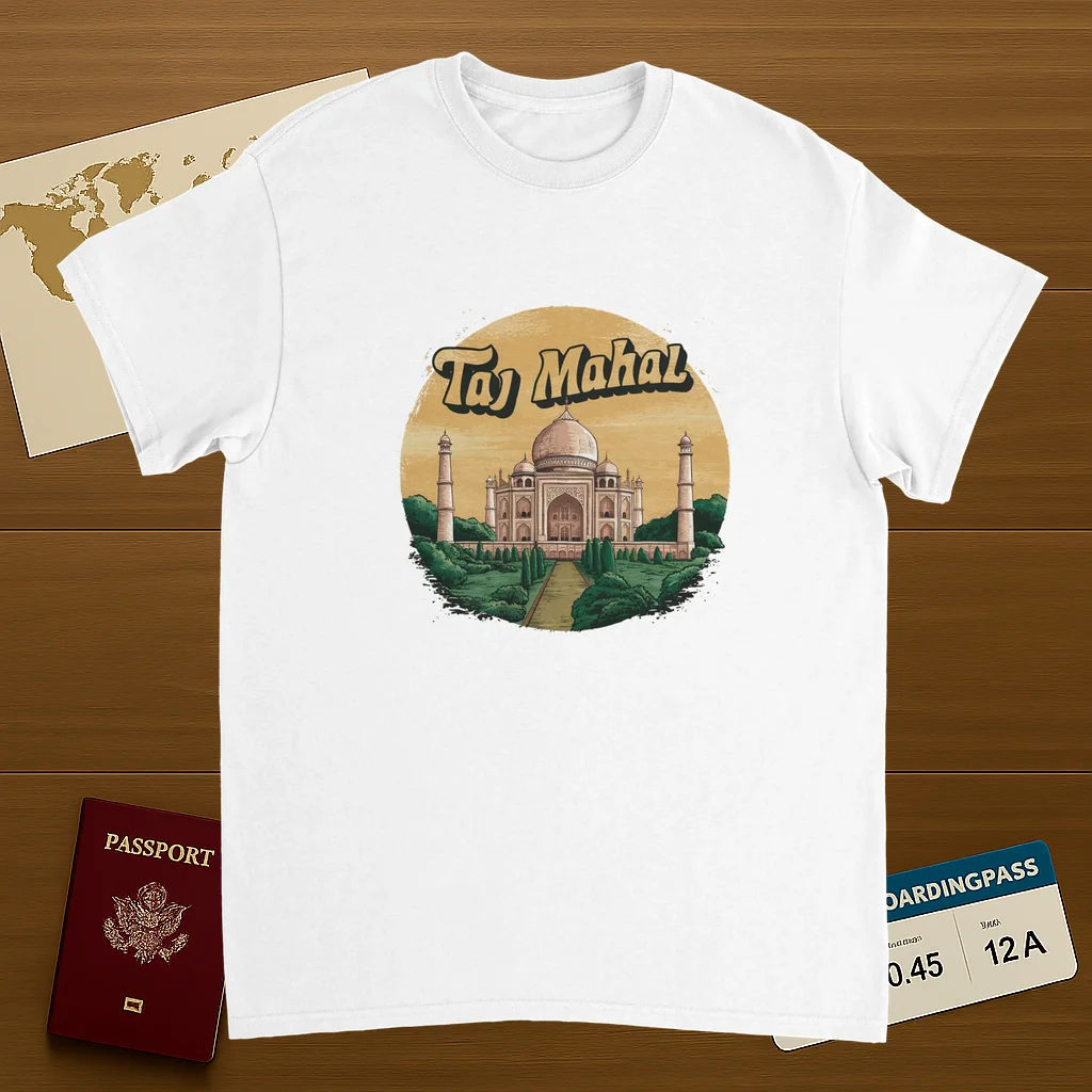white Taj Mahal Agra India Unisex Travel T-Shirt on wooden background with world map, passport, and boarding pass