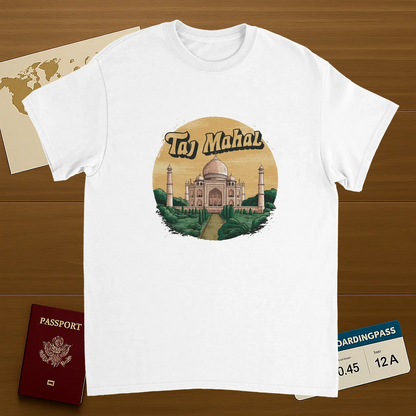 white Taj Mahal Agra India Unisex Travel T-Shirt on wooden background with world map, passport, and boarding pass