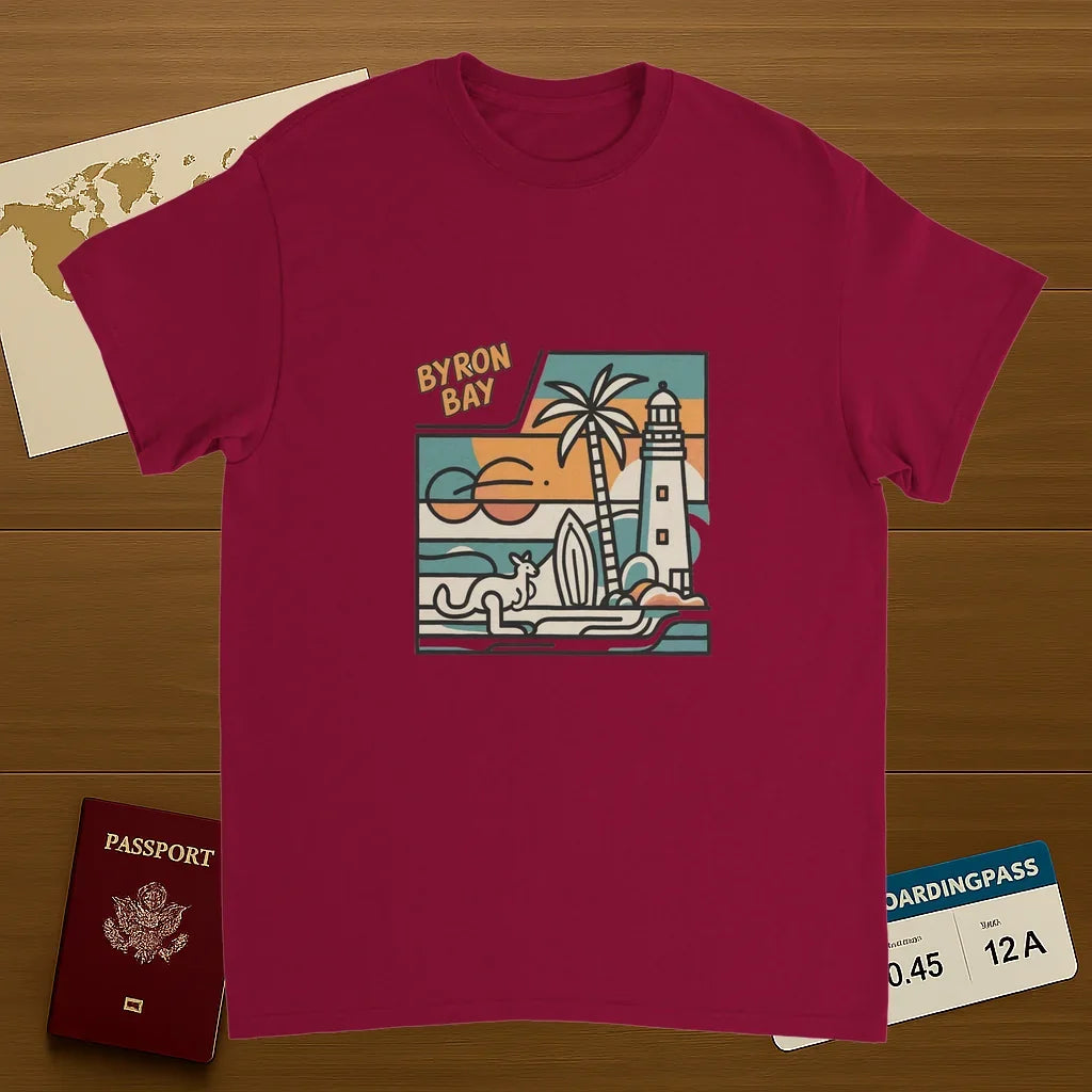cardinal red Byron Bay Australia Unisex Travel T-Shirt on wooden background with world map, passport, and boarding pass