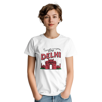 New Delhi India Unisex Travel T-Shirt on wooden background with world map, passport, and boarding pass