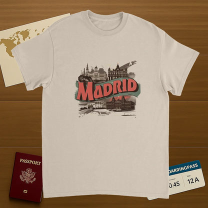 Madrid Spain Unisex Travel T-Shirt on wooden background with world map, passport, and boarding pass