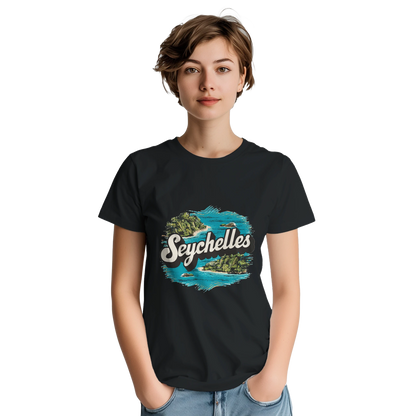 Seychelles Unisex Travel T-Shirt on wooden background with world map, passport, and boarding pass