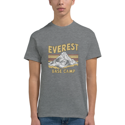 Everest Base Camp Nepal Unisex Travel T-Shirt on wooden background with world map, passport, and boarding pass