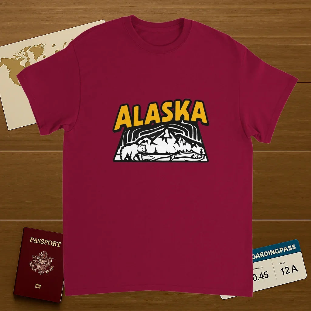 cardinal red Alaska USA Unisex Travel T-Shirt on wooden background with world map, passport, and boarding pass