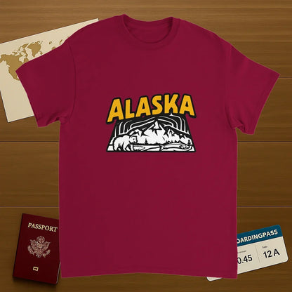 cardinal red Alaska USA Unisex Travel T-Shirt on wooden background with world map, passport, and boarding pass