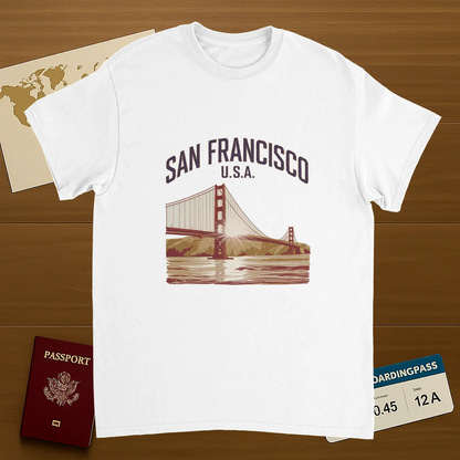 white San Francisco USA Unisex Travel T-Shirt on wooden background with world map, passport, and boarding pass