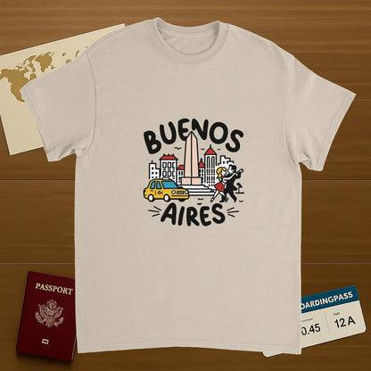Buenos Aires Argentina Unisex Travel T-Shirt on wooden background with world map, passport, and boarding pass