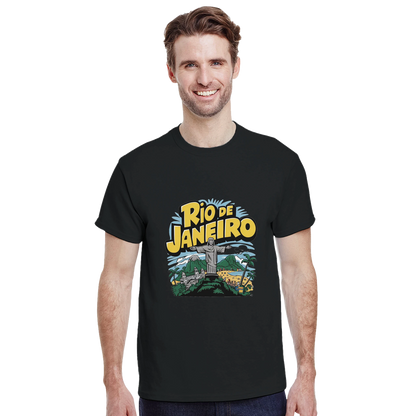 Rio de Janeiro Brazil Unisex Travel T-Shirt featuring a man from the front
