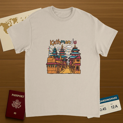 Kathmandu Nepal Unisex Travel T-Shirt on wooden background with world map, passport, and boarding pass