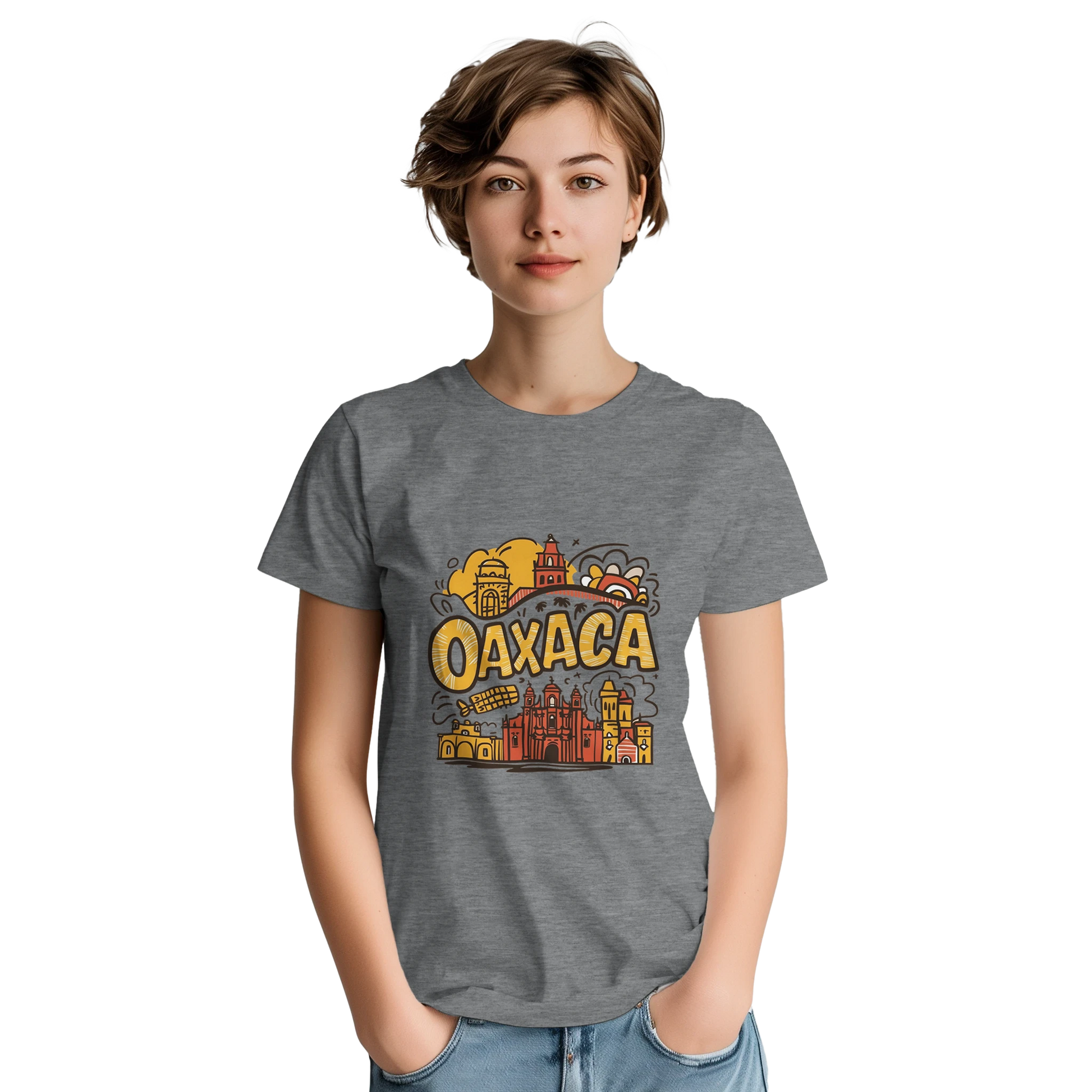 Oaxaca Mexico Unisex Travel T-Shirt on wooden background with world map, passport, and boarding pass
