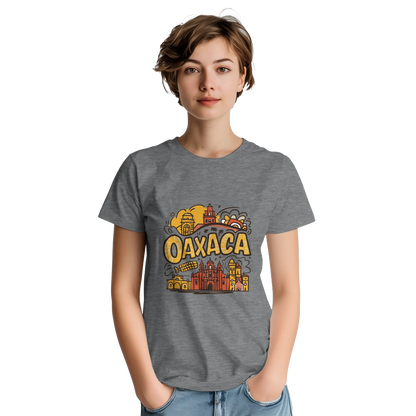 Oaxaca Mexico Unisex Travel T-Shirt on wooden background with world map, passport, and boarding pass