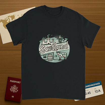 black Scotland Unisex Travel T-Shirt on wooden background with world map, passport, and boarding pass