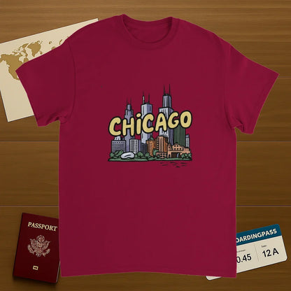 cardinal red Chicago USA Unisex Travel T-Shirt on wooden background with world map, passport, and boarding pass
