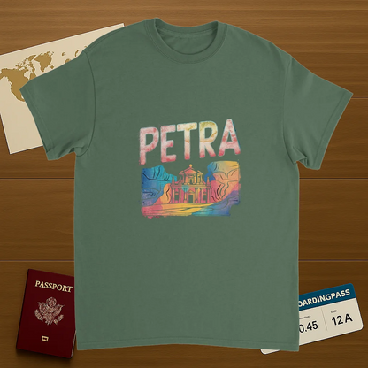 military green Petra Jordan Unisex Travel T-Shirt on wooden background with world map, passport, and boarding pass