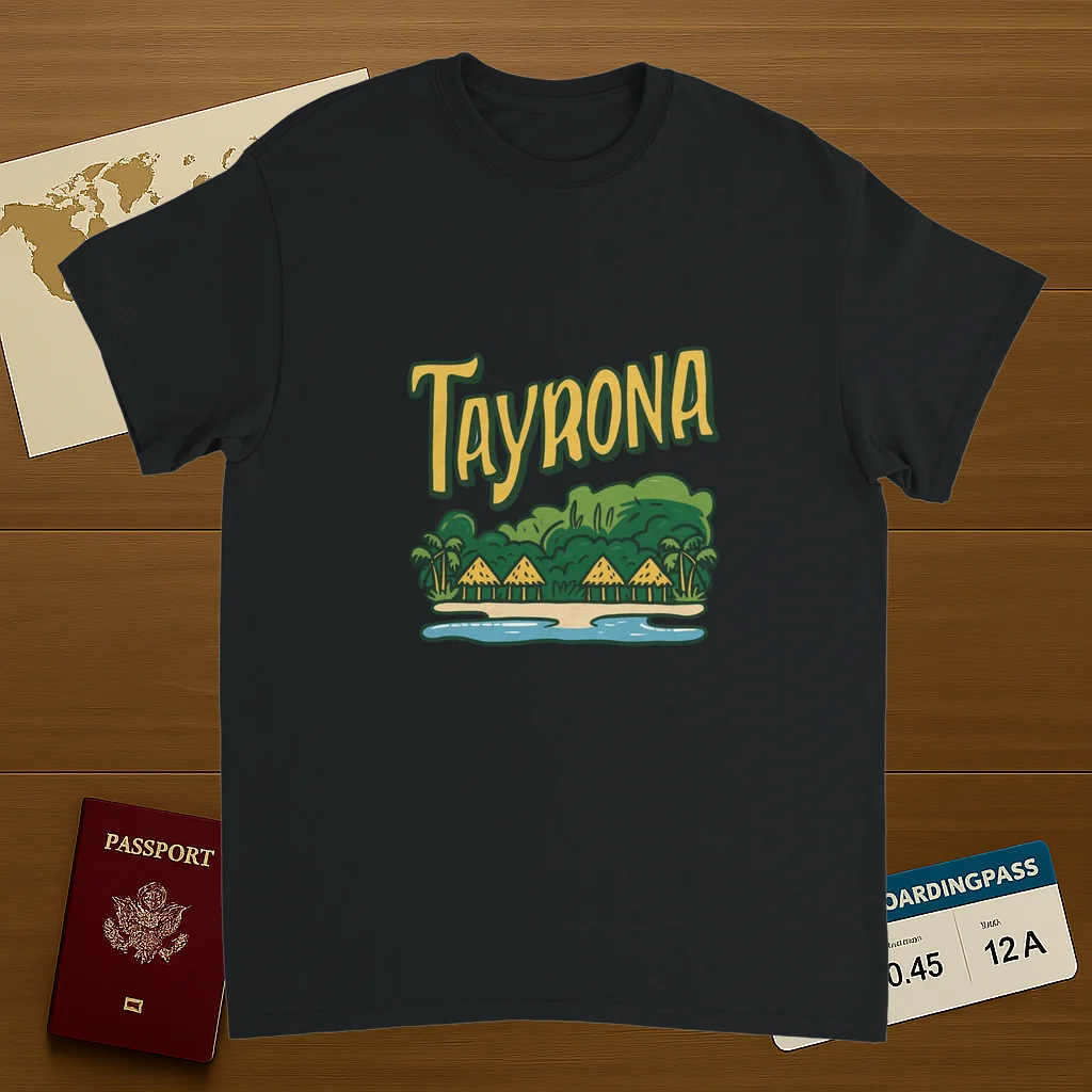 black Tayrona Colombia Unisex Travel T-Shirt on wooden background with world map, passport, and boarding pass