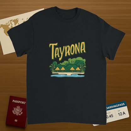 black Tayrona Colombia Unisex Travel T-Shirt on wooden background with world map, passport, and boarding pass
