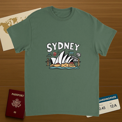 military green Sydney Australia Unisex Travel T-Shirt on wooden background with world map, passport, and boarding pass