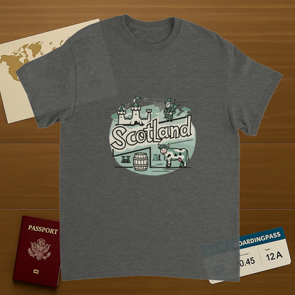 Scotland Unisex Travel T-Shirt on wooden background with world map, passport, and boarding pass