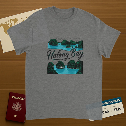 sport grey Halong Bay Vietnam Unisex Travel T-Shirt on wooden background with world map, passport, and boarding pass