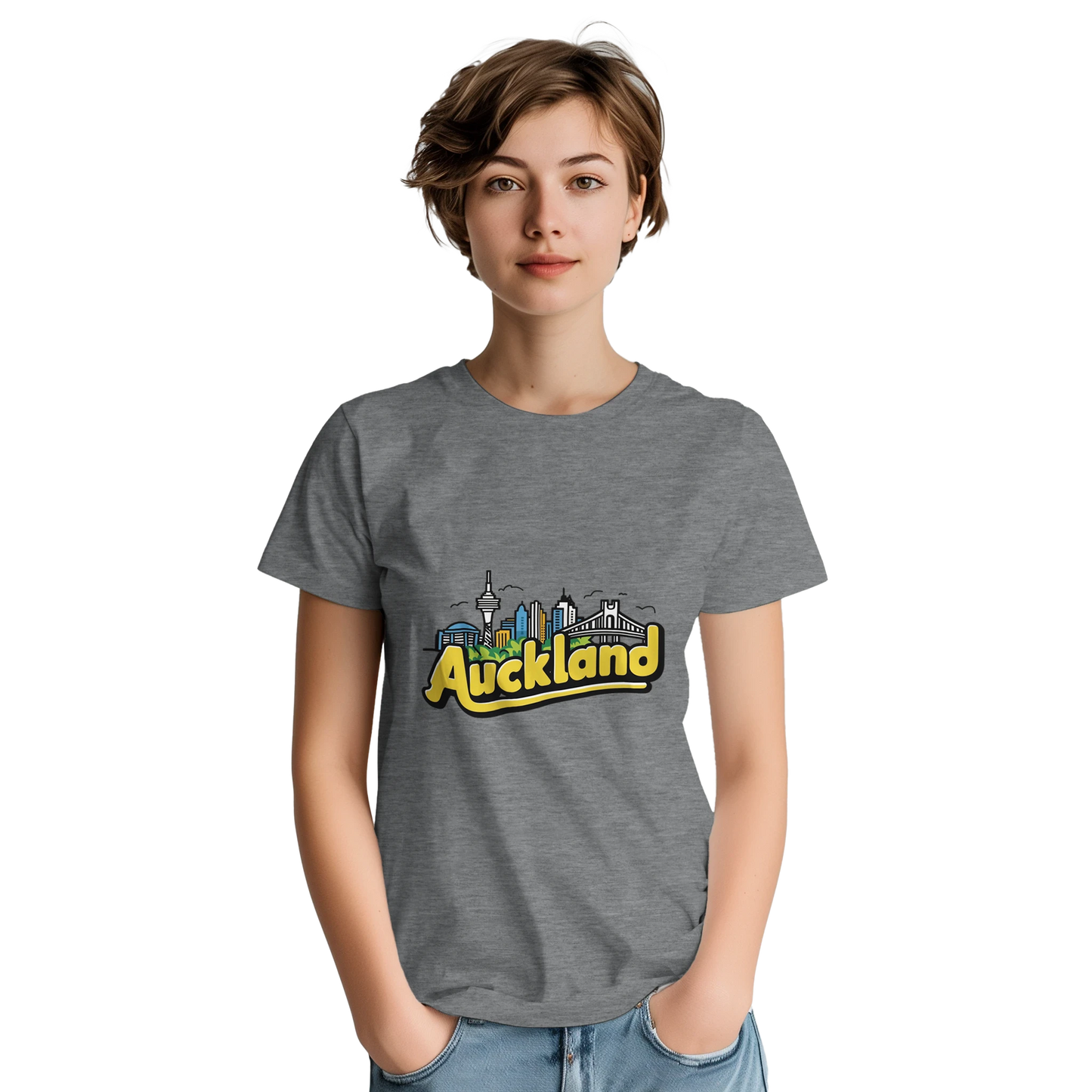 Auckland New Zealand Unisex Travel T-Shirt on wooden background with world map, passport, and boarding pass