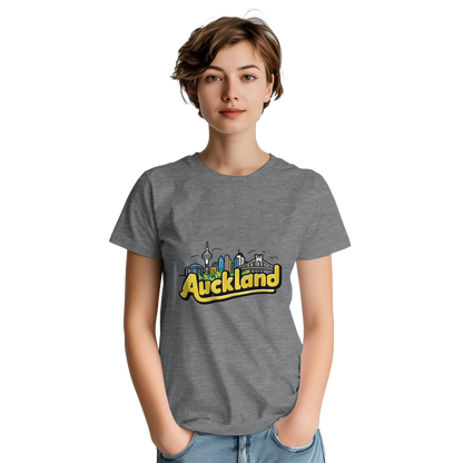 Auckland New Zealand Unisex Travel T-Shirt on wooden background with world map, passport, and boarding pass