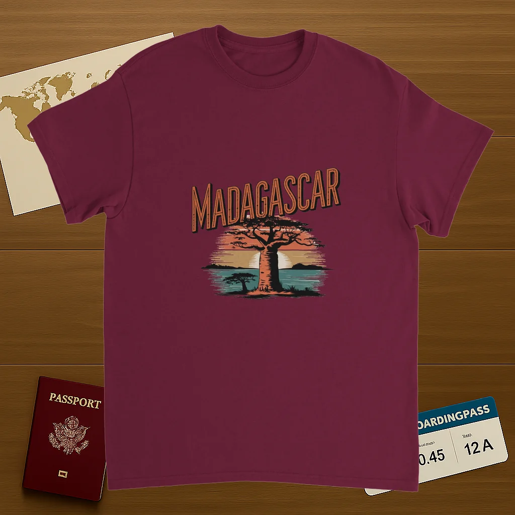 Madagascar Unisex Travel T-Shirt on wooden background with world map, passport, and boarding pass