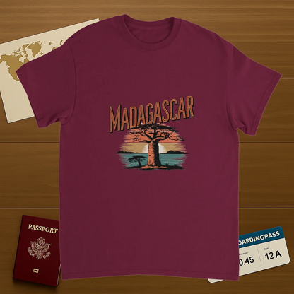 Madagascar Unisex Travel T-Shirt on wooden background with world map, passport, and boarding pass