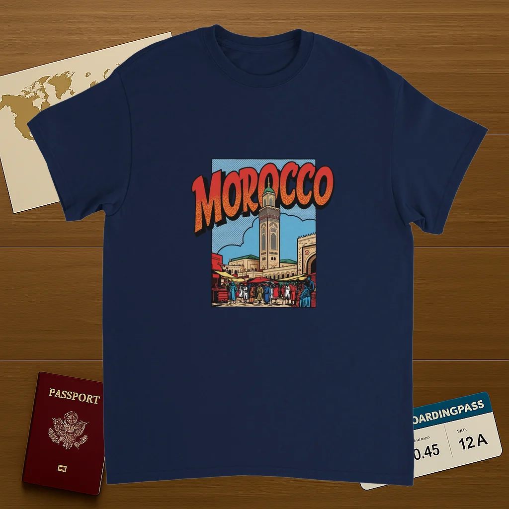 navy Morocco Unisex Travel T-Shirt on wooden background with world map, passport, and boarding pass