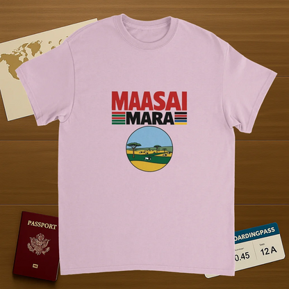 light pink Maasai Mara Unisex Travel T-Shirt on wooden background with world map, passport, and boarding pass