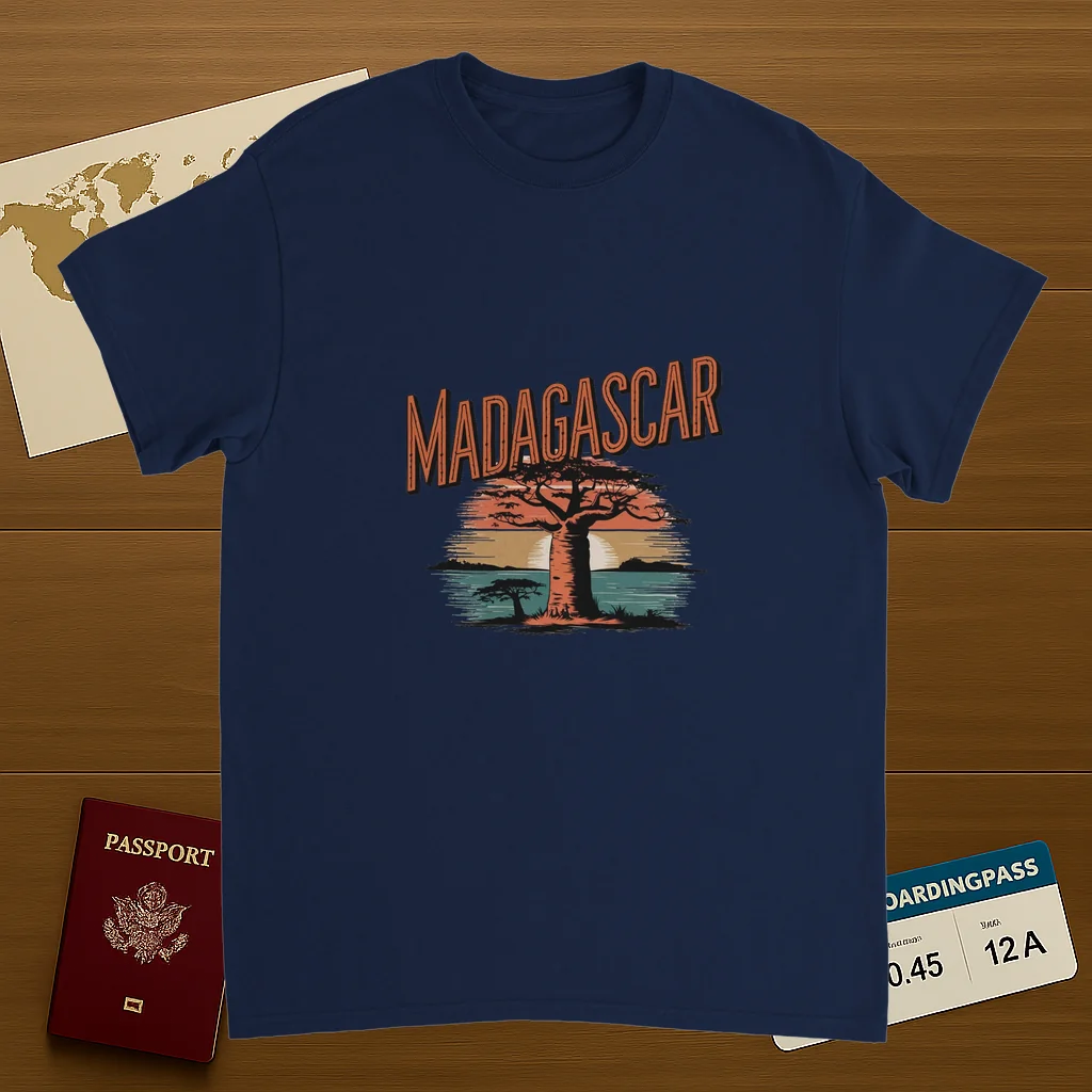 navy Madagascar Unisex Travel T-Shirt on wooden background with world map, passport, and boarding pass