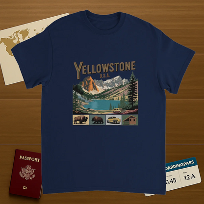 navy Yellowstone USA Unisex Travel T-Shirt on wooden background with world map, passport, and boarding pass