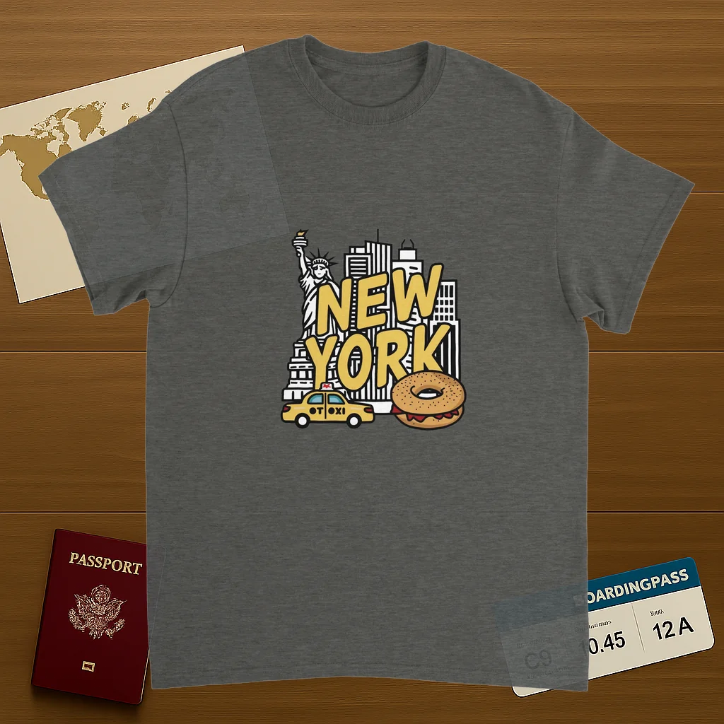 New York USA Unisex Travel T-Shirt on wooden background with world map, passport, and boarding pass