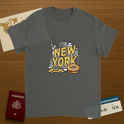 New York USA Unisex Travel T-Shirt on wooden background with world map, passport, and boarding pass