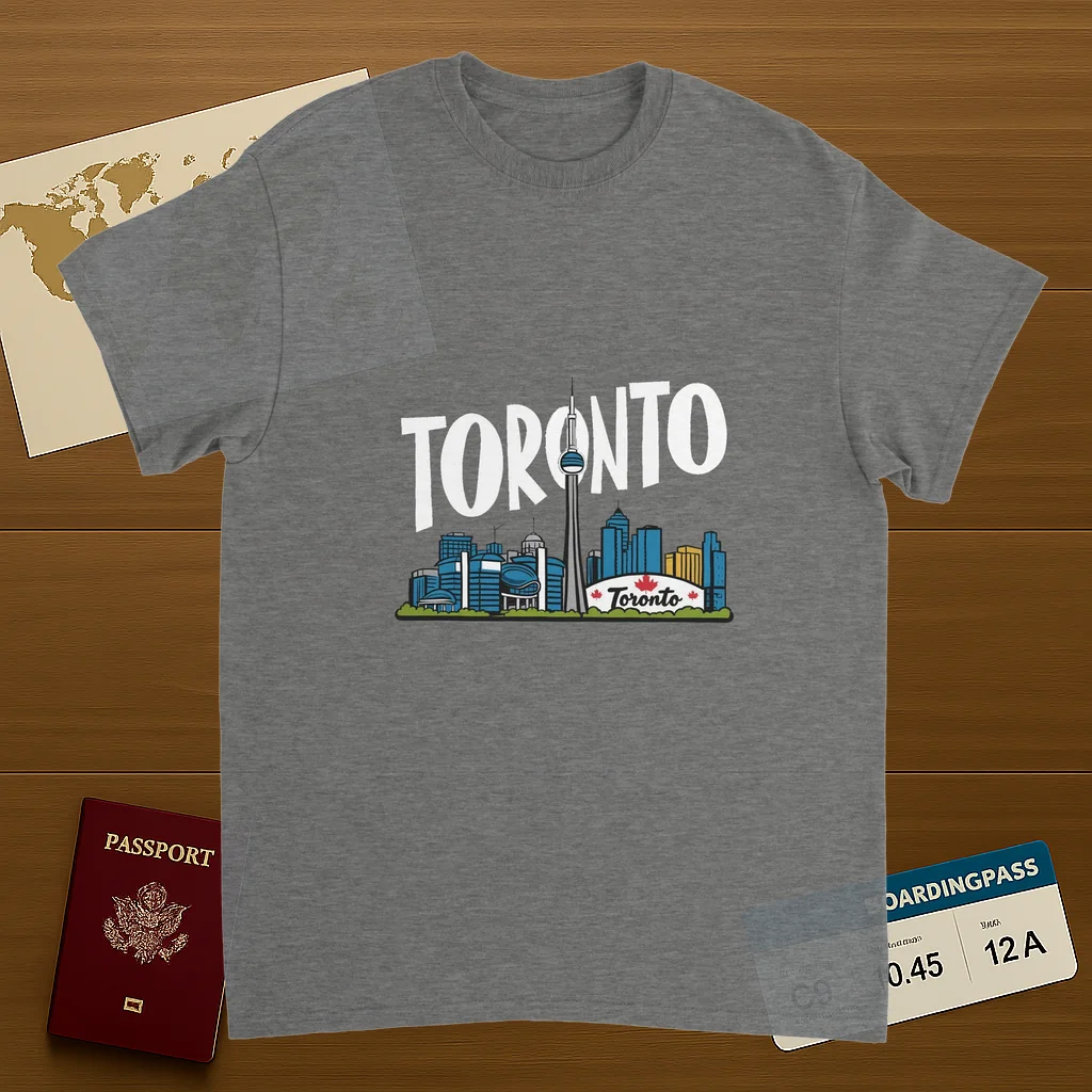 sport grey Toronto Canada Unisex Travel T-Shirt on wooden background with world map, passport, and boarding pass