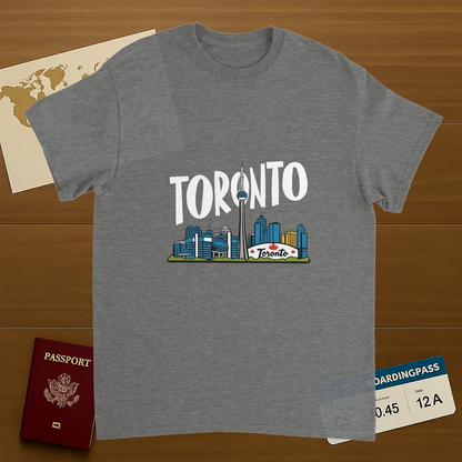 sport grey Toronto Canada Unisex Travel T-Shirt on wooden background with world map, passport, and boarding pass