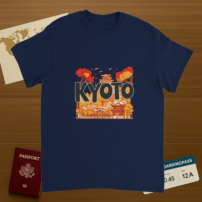 navy Kyoto Japan Unisex Travel T-Shirt on wooden background with world map, passport, and boarding pass