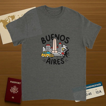 Buenos Aires Argentina Unisex Travel T-Shirt on wooden background with world map, passport, and boarding pass