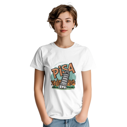 Pisa Italy Unisex Travel T-Shirt on wooden background with world map, passport, and boarding pass